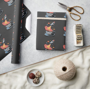 Dream Fuel Graphic: Rocket Launching from Coffee Wrapping Paper