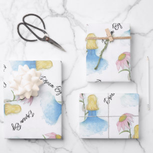 Dream Girl holding Giant Flower "Dream Big" Wrapping Paper Sheet