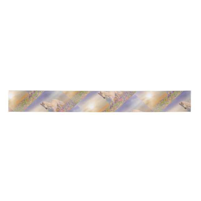 Dream Horse running through meadow of pink flowers Satin Ribbon (Front)