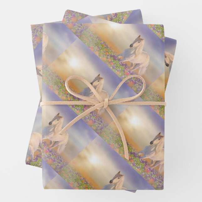 Dream Horse running through meadow of pink flowers Wrapping Paper Sheet (In situ)