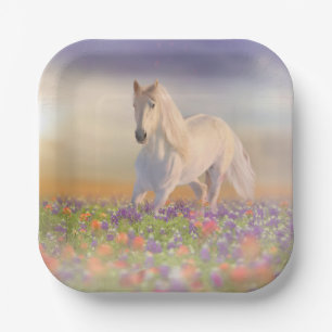 Dream Horse running through pink flower meadow Paper Plate