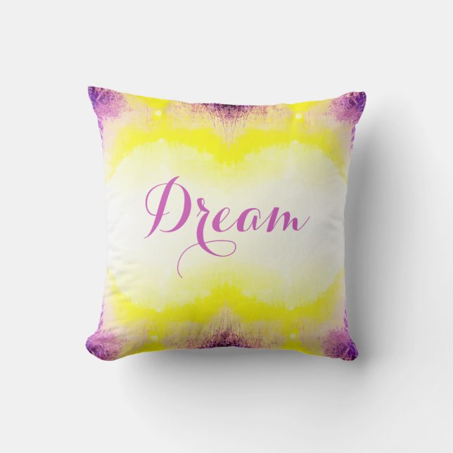 "Dream" in Script Fuschia Yellow White Watercolor Throw Pillow (Front)