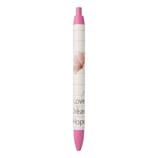 Dream Love Hope Notes Pink Flower Black Ink Pen (Front Vertical)
