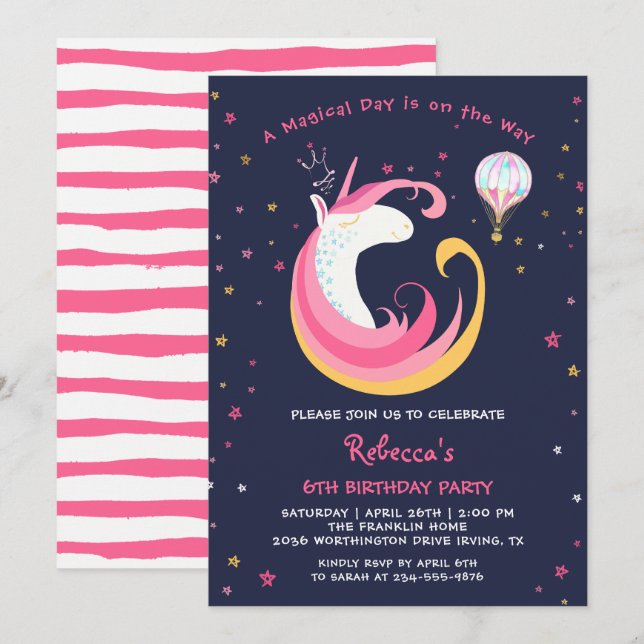 Dream Magical Unicorn & Hot Air Balloon Birthday Invitation (Front/Back)