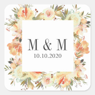 Dream Peach Botanical Frame Wedding Monogram Square Sticker