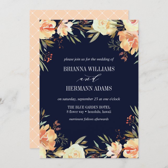 Dream Peach &  Navy | Fancy rustic Flowers wedding Invitation (Front/Back)