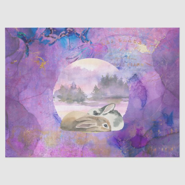 Dream Purple and Gold Bunnies Collage Decoupage Tissue Paper (Front)