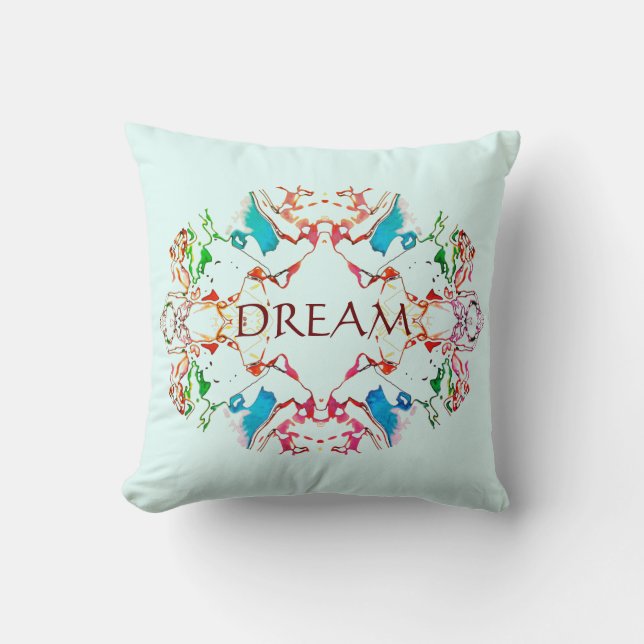 "Dream" Red Blue Green Burgundy Mandala on Aqua Throw Pillow (Front)