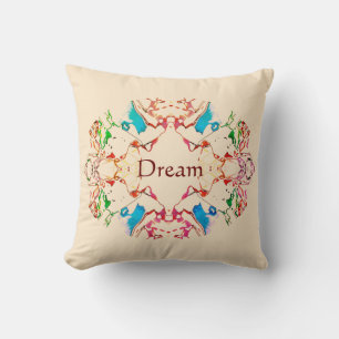 "Dream" Red Blue Green Burgundy Mandala on Beige T Throw Pillow
