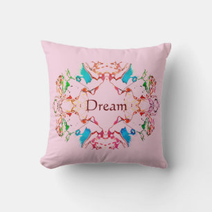 "Dream" Red Blue Green Burgundy Mandala on Pink Throw Pillow