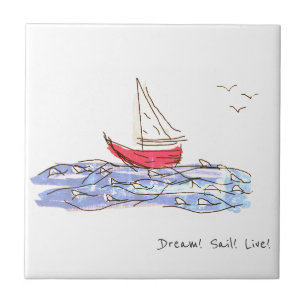 Dream Sail Live Sea Boat Seagull Sketch Tile