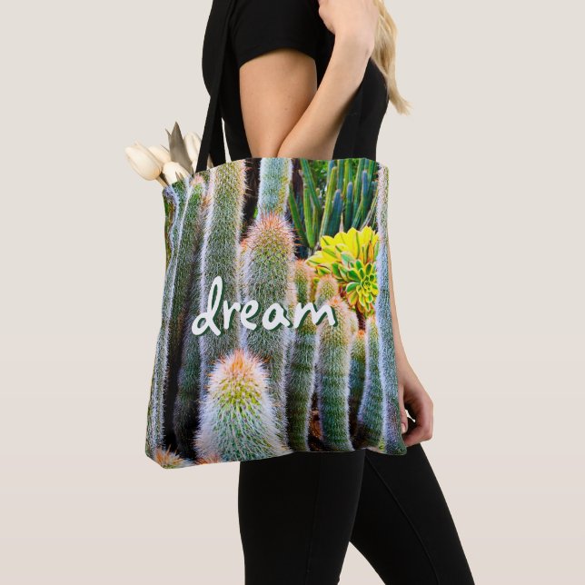 Dream Script Fuzzy Green Cacti Succulent Photo Tote Bag (Close Up)