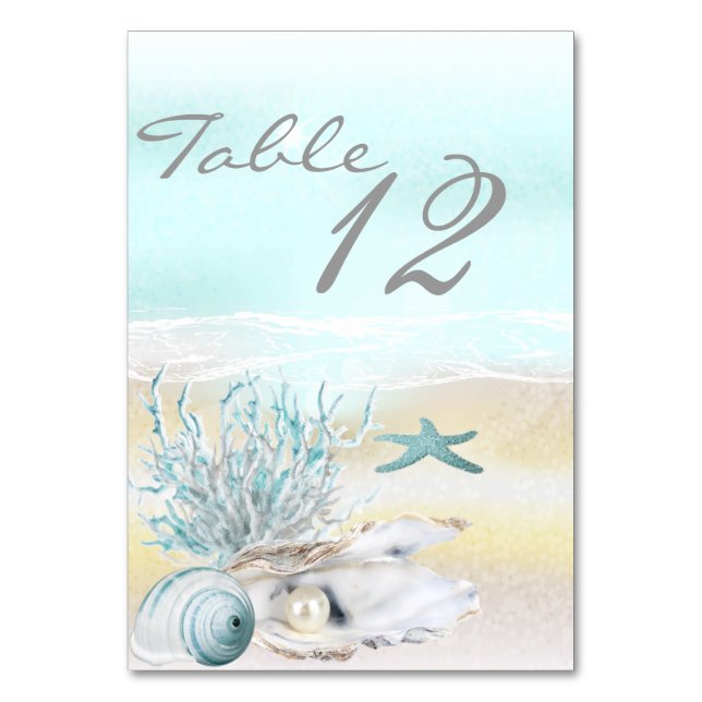 Dream Shore Beach Teal Wedding Table Card (Front)