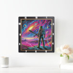 Dream Voyage Through Space Square Wall Clock<br><div class="desc">This captivating timepiece features a lone astronaut drifting among distant worlds, surrounded by a vivid galaxy of stars, planets, and swirling nebulas. Merging fantasy and science fiction, the design brings to life a dreamlike vision of space exploration. The cosmic landscape bursts with colour, highlighting the beauty of the universe and...</div>
