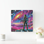 Dream Voyage Through Space Square Wall Clock<br><div class="desc">This captivating timepiece features a lone astronaut drifting among distant worlds, surrounded by a vivid galaxy of stars, planets, and swirling nebulas. Merging fantasy and science fiction, the design brings to life a dreamlike vision of space exploration. The cosmic landscape bursts with colour, highlighting the beauty of the universe and...</div>