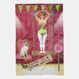 Dream World Vintage Funky Ballerina Altered Art Kitchen Towel