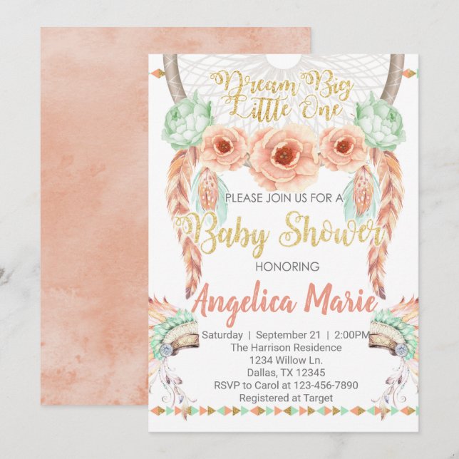 Dreamcatcher Baby Shower Invitation Coral Teal (Front/Back)