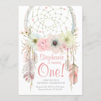 Dreamcatcher Boho Pink pastel Invitation d'anniver