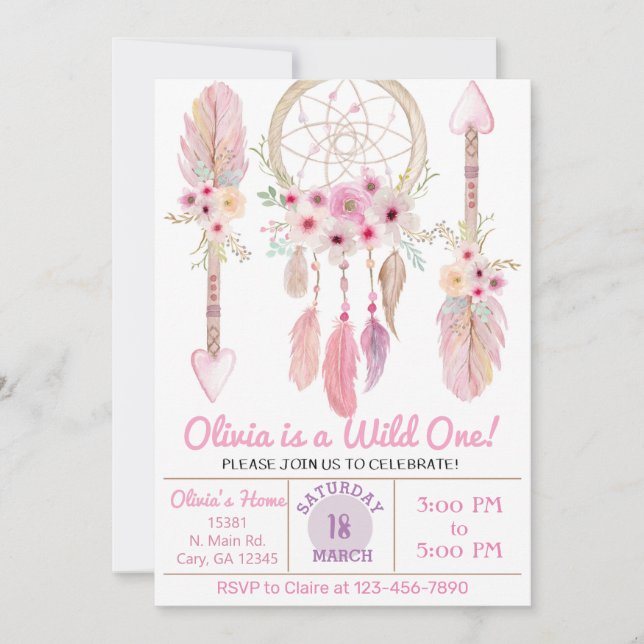 Dreamcatcher girl birthday invitation. Pink. Invit Invitation (Front)