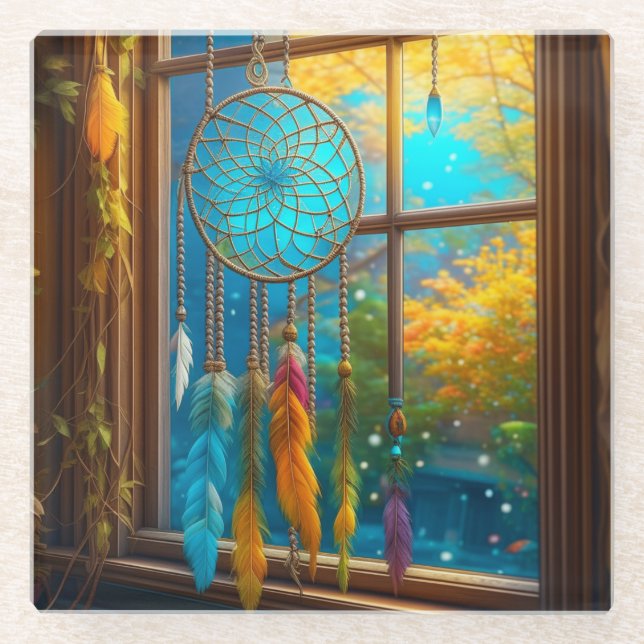 Dreamcatcher in Window Boho Glass Coaster (Front)