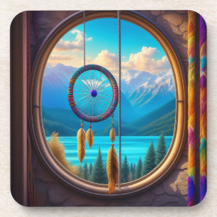 Dreamcatcher in Window Overlooking the Mountains Coaster