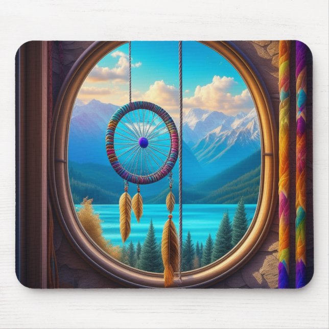 Dreamcatcher in Window Overlooking the Mountains  Mouse Pad (Front)