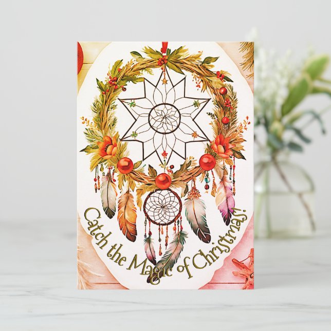 Dreamcatcher Magical Christmas Golden Wreath Holiday Card (Standing Front)