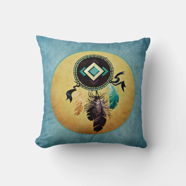 Dreamcatcher On a Blue Grunge Background Throw Pillow (Front)