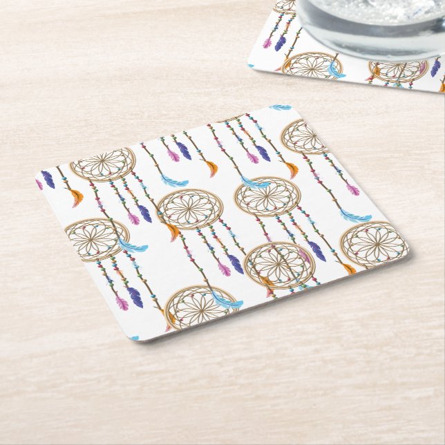 Dreamcatcher Pattern Square Paper Coaster (Angled)