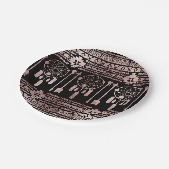 Dreamcatcher Rose Gold Tribal Aztec on Black Paper Plate (Angled)