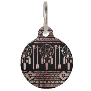 Dreamcatcher Rose Gold Tribal Aztec on Black Pet Tag