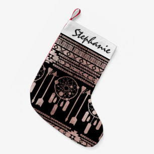 Dreamcatcher Rose Gold Tribal Aztec on Black Small Christmas Stocking