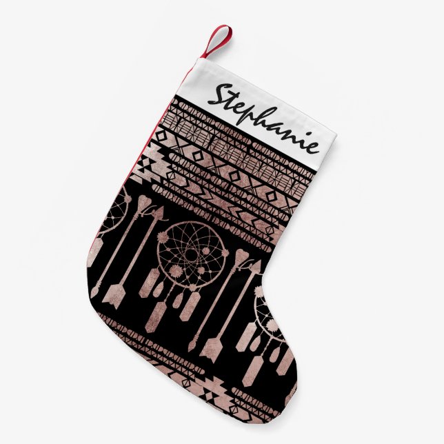 Dreamcatcher Rose Gold Tribal Aztec on Black Small Christmas Stocking (Front (Hanging))