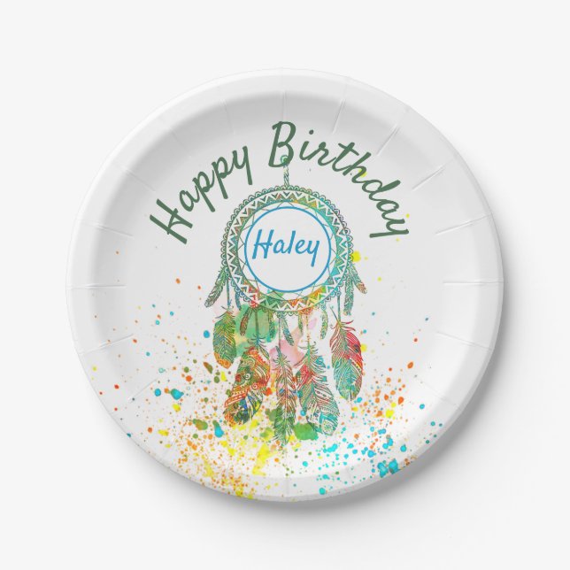 Dreamcatcher splatter personalized  paper plate (Front)