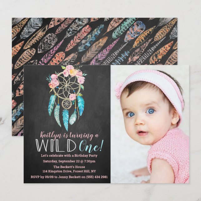 Dreamcatcher Wild One Photo Invitations d'annivers (Devant / Derrière)