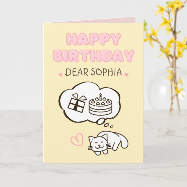Dreaming Cat&Cake&Gift Happy Birthday Card (Yellow Flower)