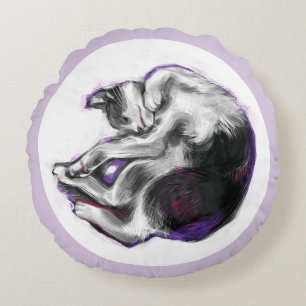 Dreaming cat Sleeping Hand Drawn Realistic Art. Round Pillow