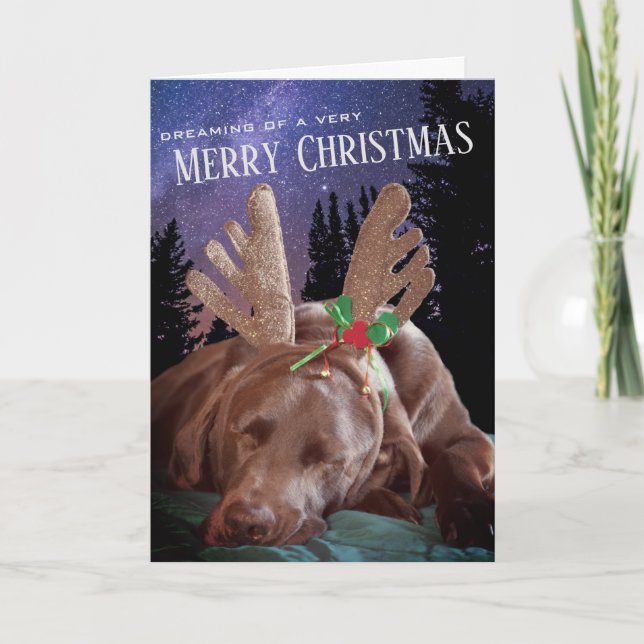 Dreaming Chocolate Lab With Antlers Photograph Holiday Card (Front)