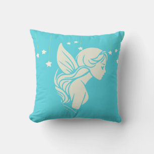 "Dreaming Fairy with Stars on Turquoise Blue" Throw Pillow