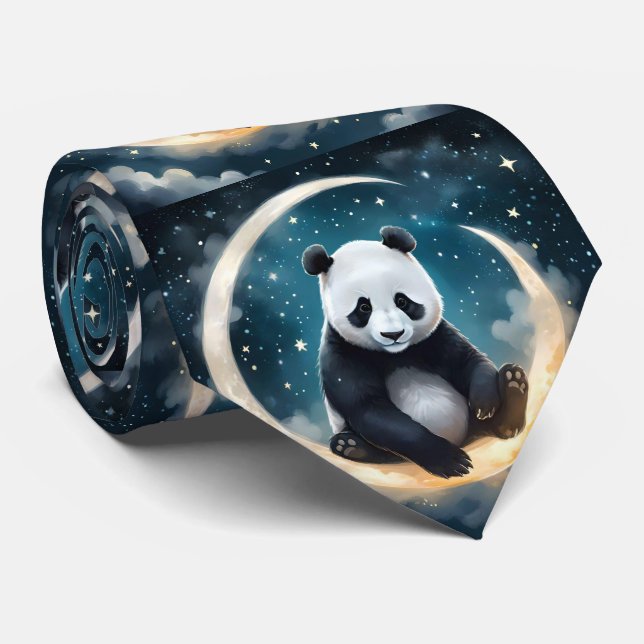 Dreaming in Moonlight: Panda's Celestial Serenade Tie (Rolled)