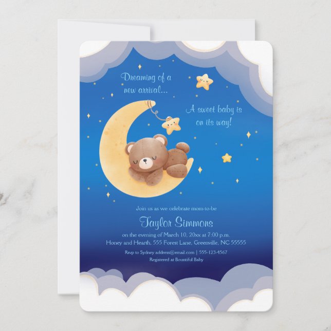 Dreaming New Arrival Bear Night Sky Baby Shower In Invitation (Front)