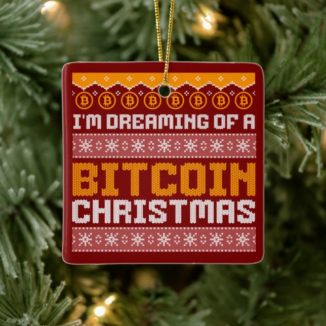Dreaming of a BITCOIN CHRISTMAS Faux Knit Pattern  Ceramic Ornament (Tree)
