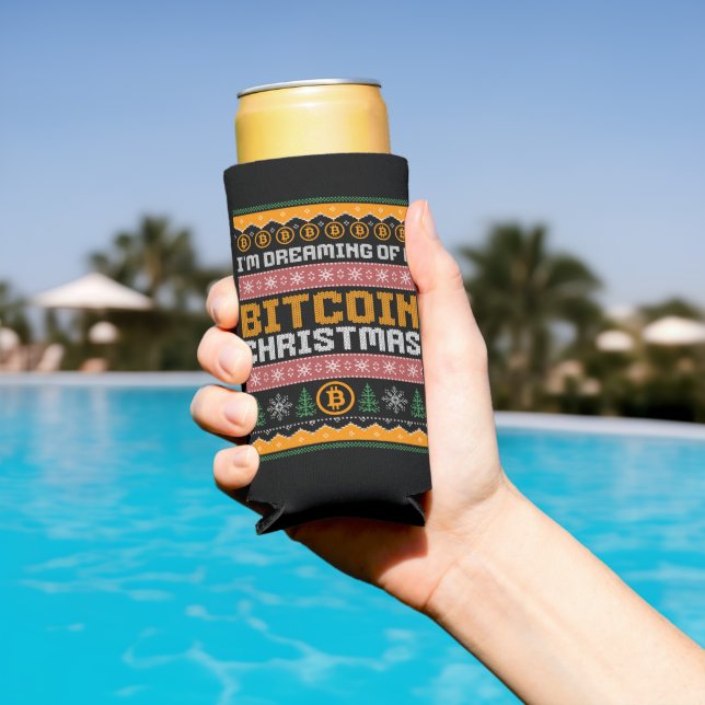 Dreaming of a BITCOIN CHRISTMAS Faux Knit Pattern Seltzer Can Cooler (In Situ Pool)