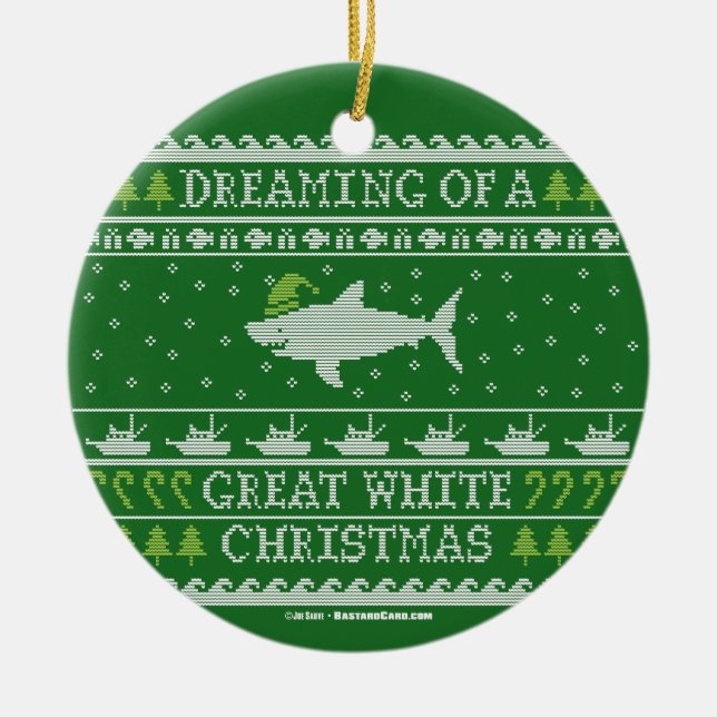 Dreaming of a Great White Christmas Ugly Sweater Ceramic Ornament (Front)