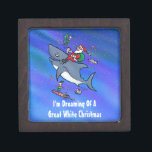 Dreaming Of A Great White Shark Christmas Keepsake Box<br><div class="desc">Santa isn't using the deer this year. Instead he's riding a friggin' GREAT WHITE SHARK! Check out this fun and colourful cartoon for some holiday fun. Featuring a strange and hilarious cartoon of Santa riding a shark with some little elf friends along on a dreamscape-like blue night sky background with...</div>