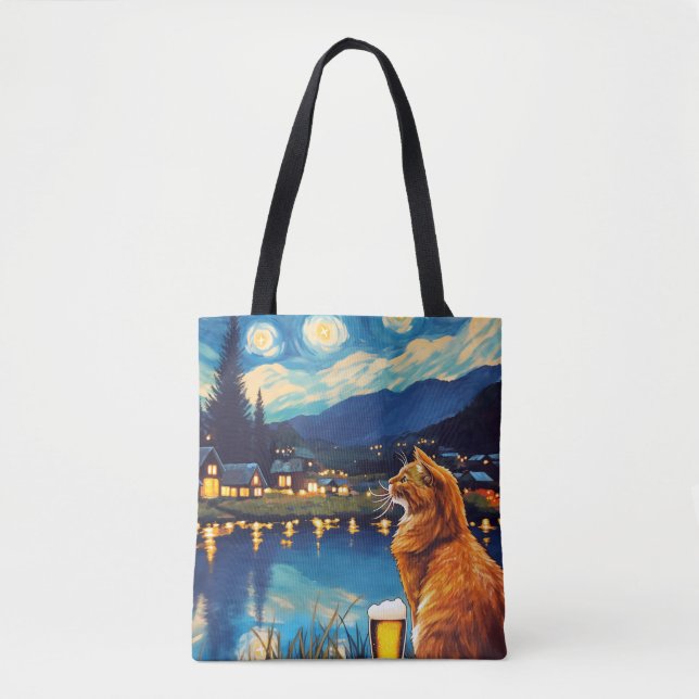 Dreaming of Hops and Stars | Cat Starry Night Tote Bag (Front)