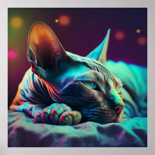 Dreaming Sphynx cat, neon colours Poster (Front)