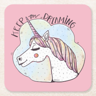 Dreaming Whimsical Unicorn Square Paper Coaster