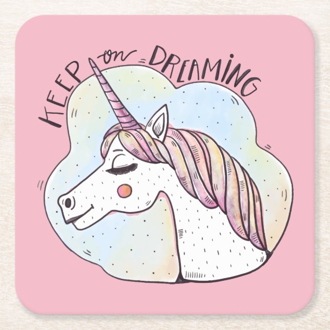 Dreaming Whimsical Unicorn Square Paper Coaster (Front)