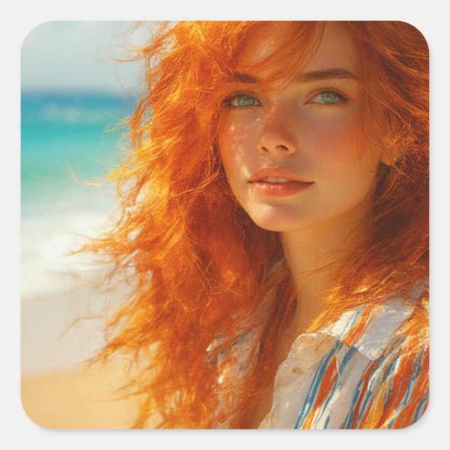 Dreamlike Beauty – Captivating Beach Portrait Square Sticker (Front)
